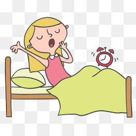Girl In Her Bed With An Alarm Clock Waking Up